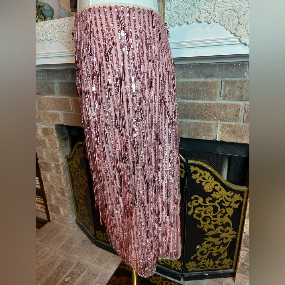 Anthropologie Maeve Pink Sequin Pencil Skirt Evening Formal Fringed Midi - Picture 8 of 14